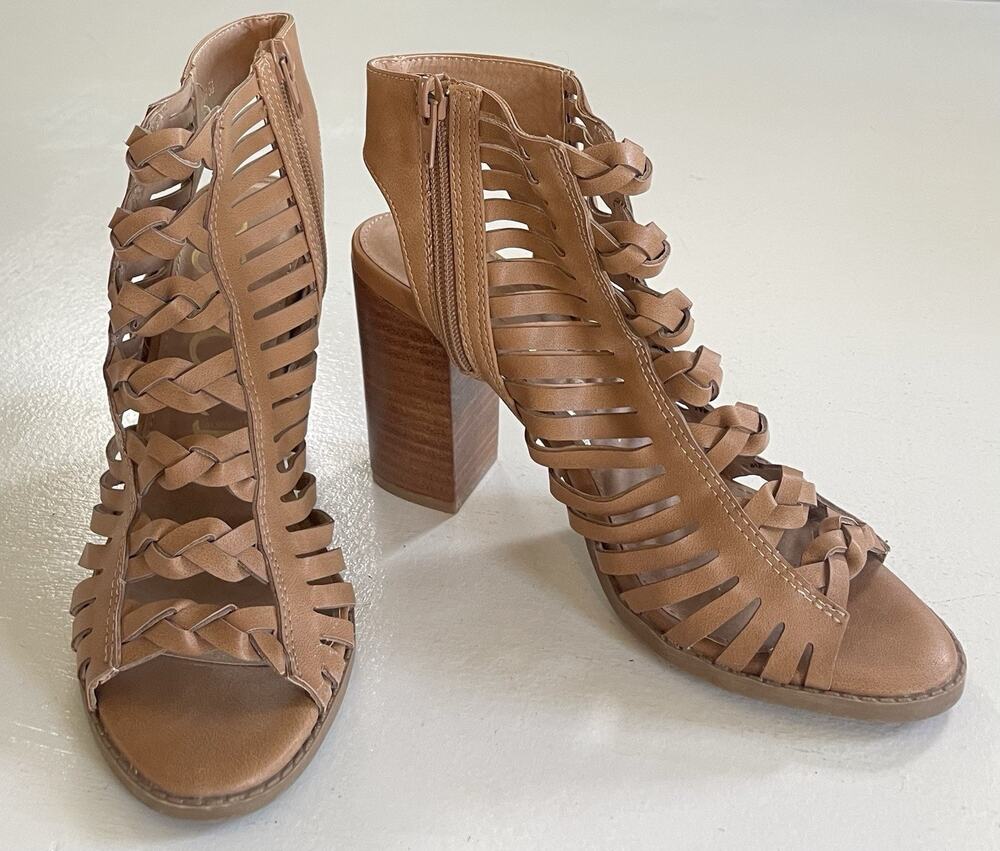 CCOCCI Womens Tan Leah Caged Gladiator Block Heel Sandals Size 5.5 Brown